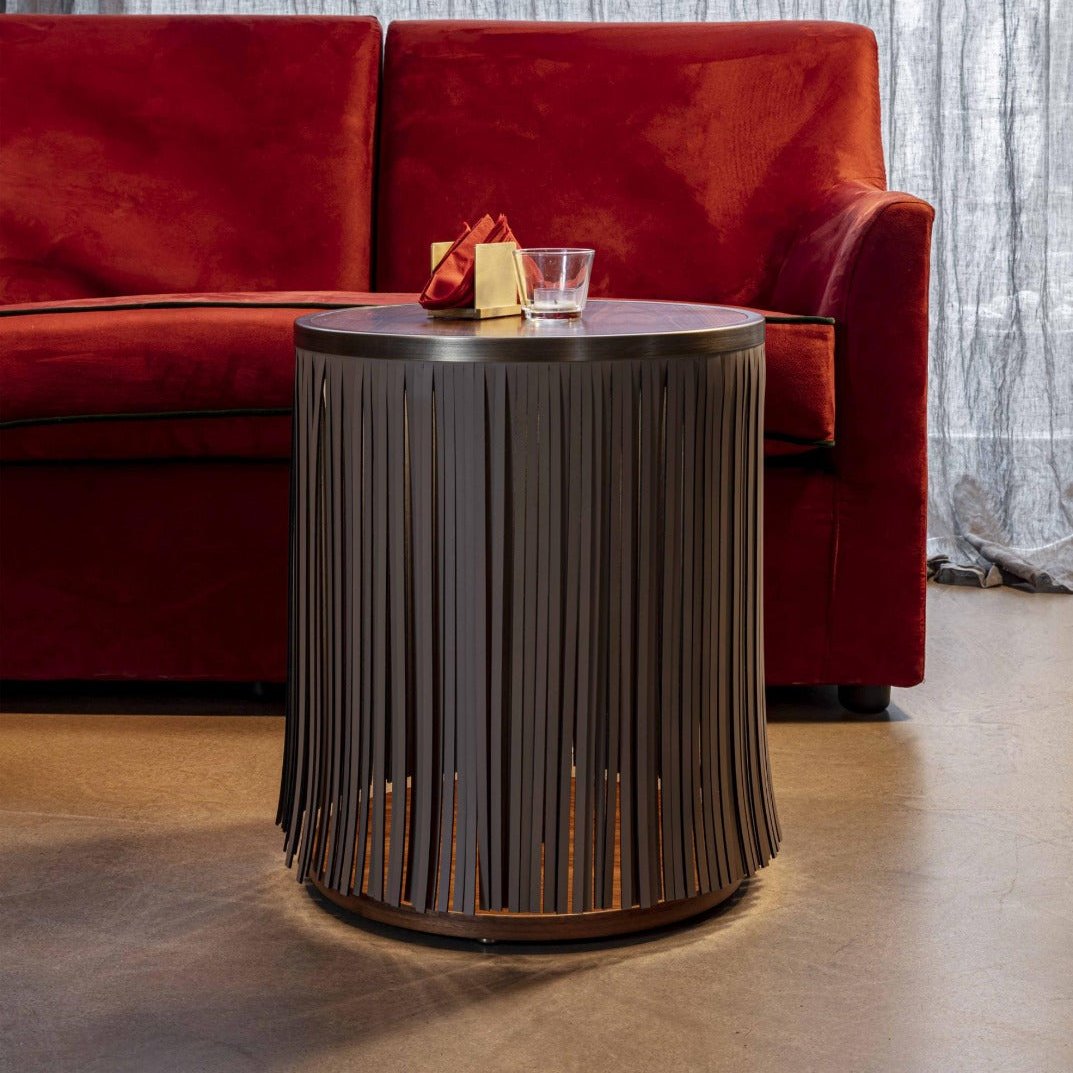 Indian ash side table with gray leather fringe