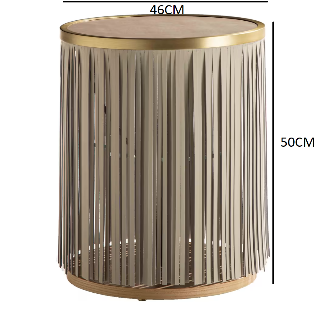 Indian ash side table with gray leather fringe