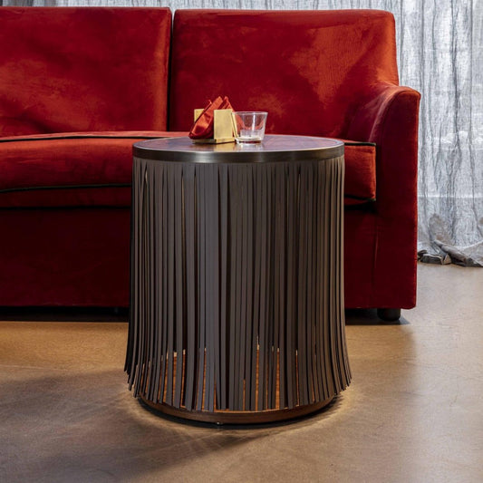Indian ash side table with gray leather fringe